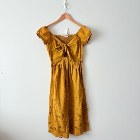 Zara Embroidered Cut Out Midi Dress Mustard Yellow Size Small - Picture 3 of 7
